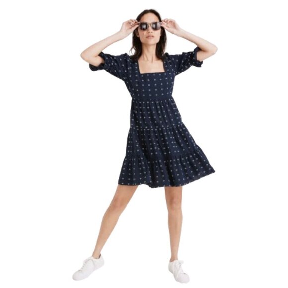 Madewell Dresses & Skirts - Women's 6 Madewell Square-Neck Puff-Sleeve Babydoll Dress Navy Mini